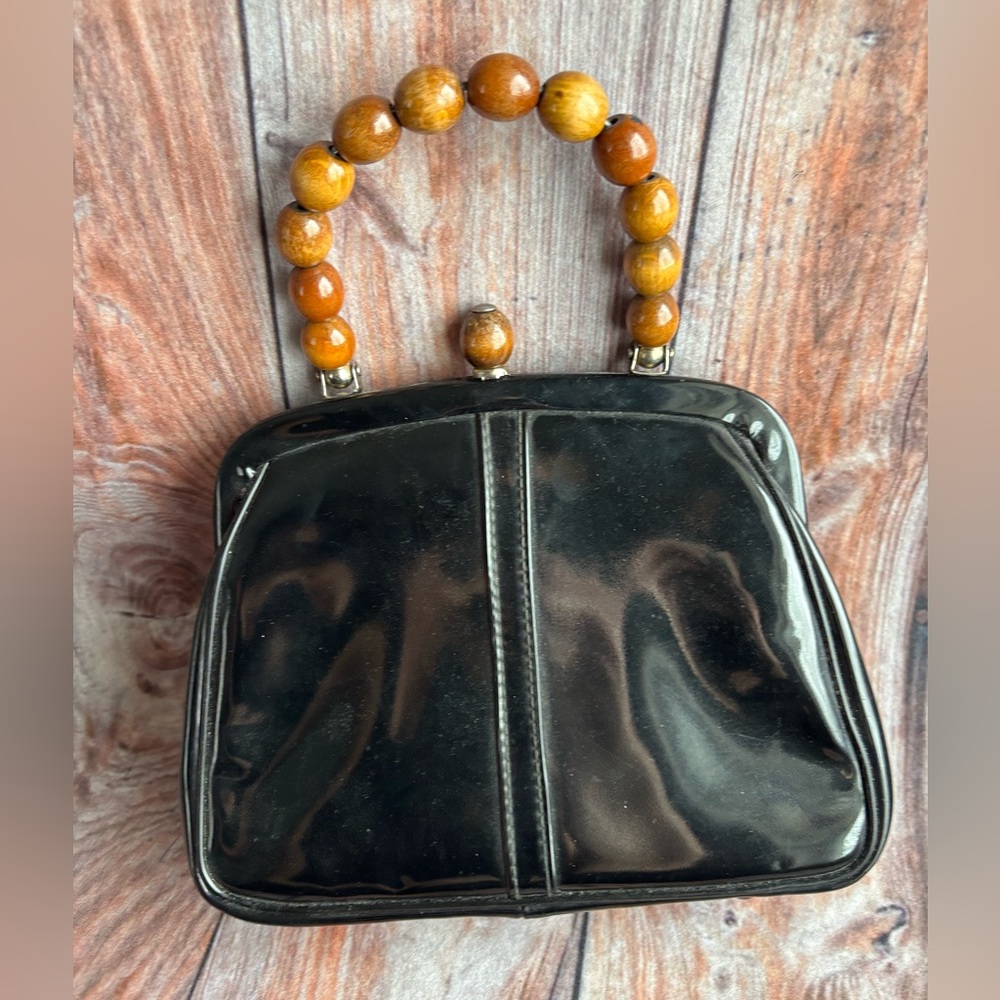 Jaclyn Elegant Black Handbag with Wooden Handle-vintage 70’s